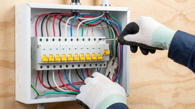 Electrician wearing gloves fixing a circuit breaker panel with multiple colored wires inside a metal electrical box on a wooden wall.