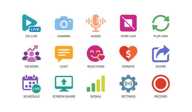 Live streaming interface and control icons arranged in grid