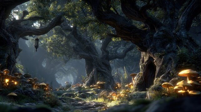 Fantasy wallpaper. A vivid portrayal of a mystical forest scene. The main subject is a large, gnarled tree with a lantern hanging from its branches, casting a warm glow on the surrounding foliage.