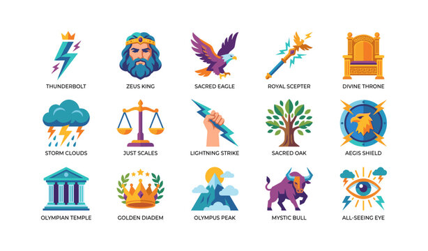 Mythology and zeus themed symbols and emblems in grid layout