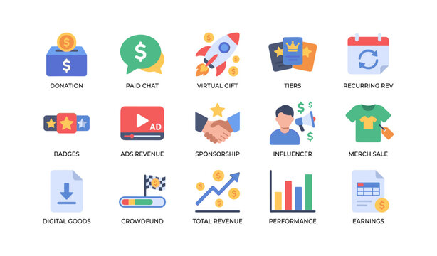 Monetization and revenue icons showing creator earning methods on white