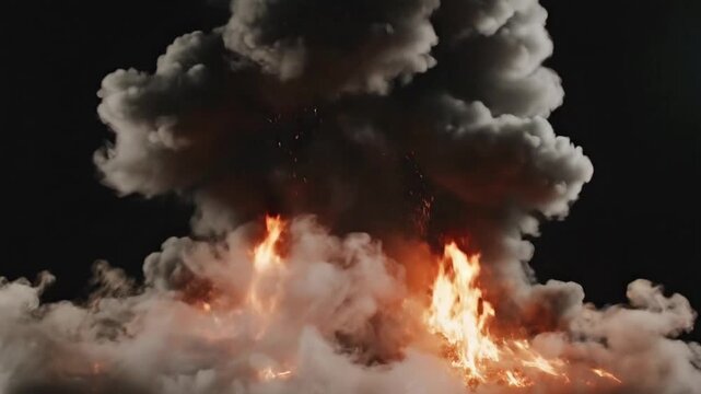 Thick gray smoke rises against a black background with flames sparking and debris swirling