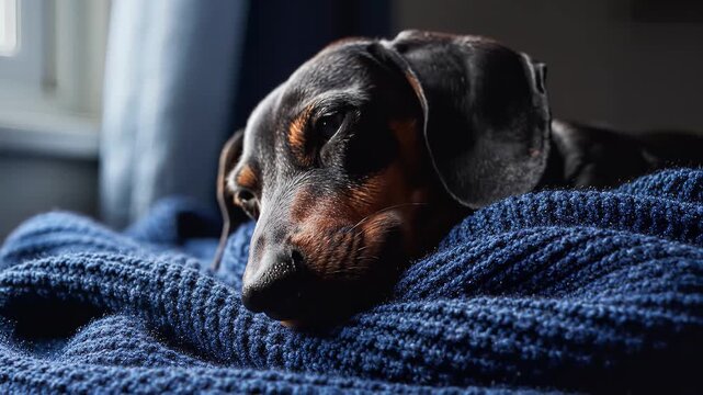 A cute dachshund dog rests peacefully on a soft blue knitted blanket indoors.
