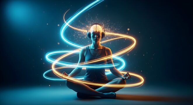 Person Meditating with Swirling Neon Energy Trails.