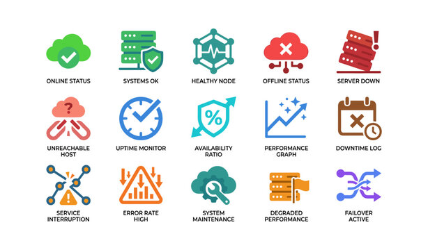 Status icons for system monitoring and uptime on white