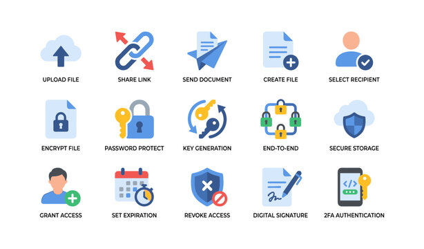 File sharing and security icons displayed in grid on white background