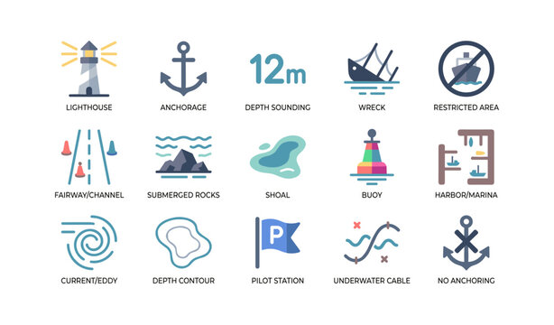 Nautical navigation and marine chart icons on white background