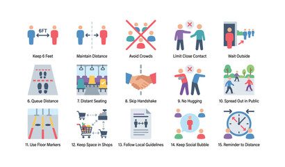 Fototapeta premium Social distancing guideline icons arranged in grid on white background
