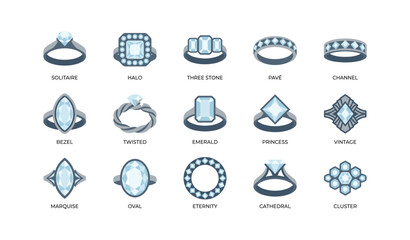 Fototapeta premium Rings arranged in labeled grid showing different diamond settings