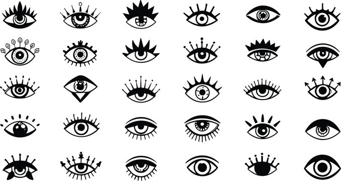 Mystic eye symbols collection in black line style, abstract vision icons set with decorative lashes and occult elements