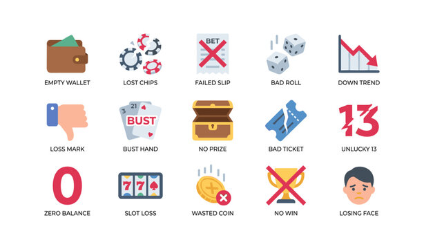 Gambling loss and failure icons showing casino related setbacks