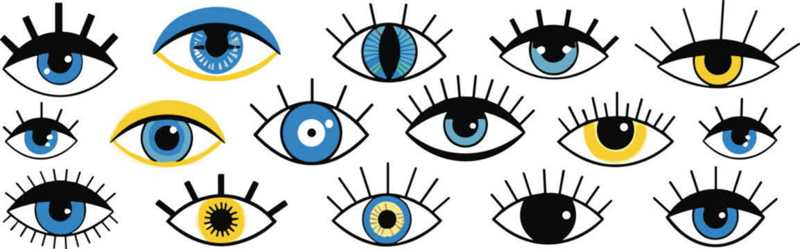 Stylized eye icons collection with colorful irises and lashes, modern flat vector illustration set of vision symbols