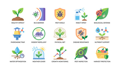 Obraz premium Crop protection and pest control icons arranged in grid on white