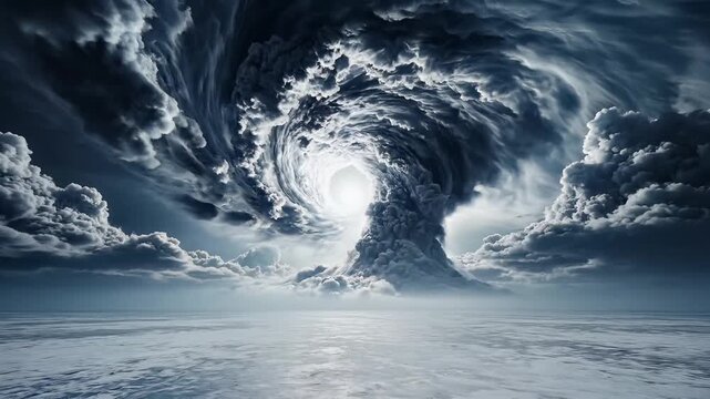Apocalyptic storm vortex with swirling dark clouds over desolate icy land and bare trees
