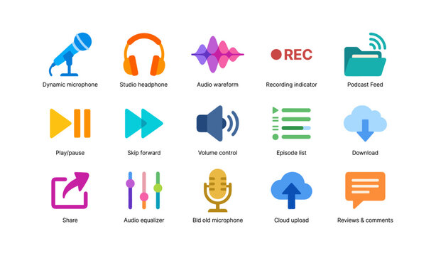 Podcast and audio control icons displayed in grid layout