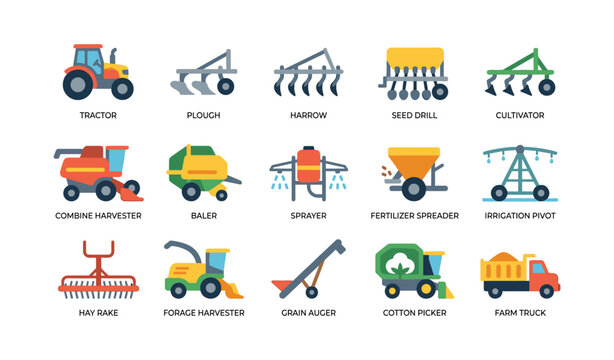 Tractors and farm machinery icons arranged in grid on white background
