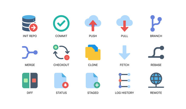 Version control icons representing git actions on white background