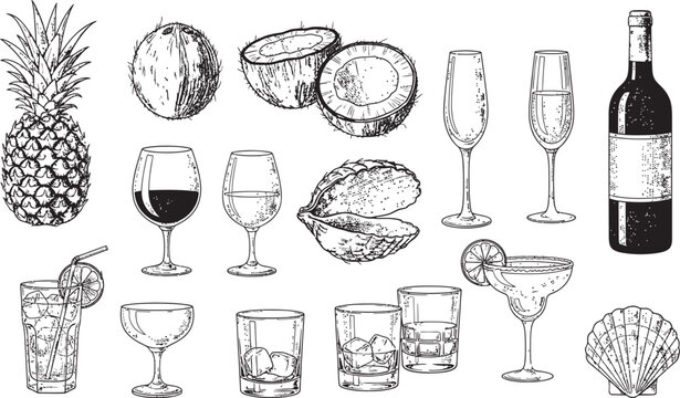 Vintage cocktail & tropical objects engraving sheet vector , Tropical fruits, seafood, and alcoholic drinks in a vintage sketch style