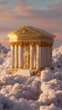 Fantasy, mysterious, wallpaper. A vivid portrayal of a grand, neoclassical temple, set against a backdrop of fluffy white clouds. The temple is adorned with intricate golden detailing.