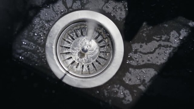 Stream of clean water pouring into a black granite sink in modern kitchen, slow motion