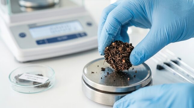 A gloved hand holds soil on a scale in a lab setting, with scientific equipment visible, indicating soil analysis or scientific research.