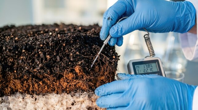 A scientist wearing blue gloves measures temperature and moisture in a soil sample using a probe and digital meter in a lab setting.