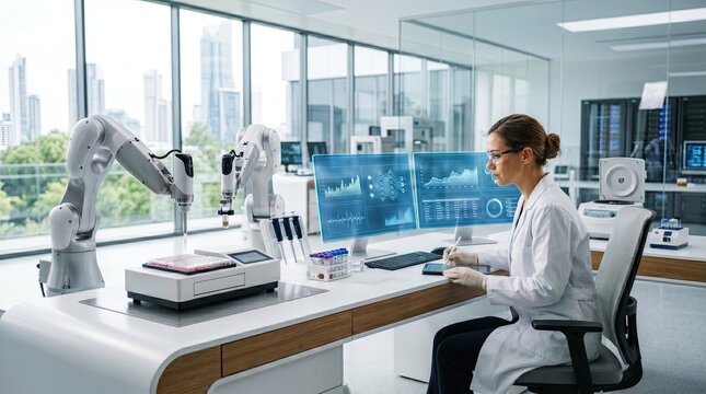 A scientist in a modern lab uses robotic arms and digital monitors to conduct advanced research and experiments in a high-tech environment.
