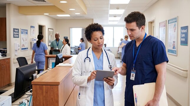 Two healthcare professionals discuss patient information on a tablet in a busy hospital corridor.