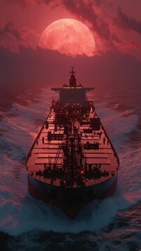 Large cargo ship navigating through icy waters under a dramatic red full moon.