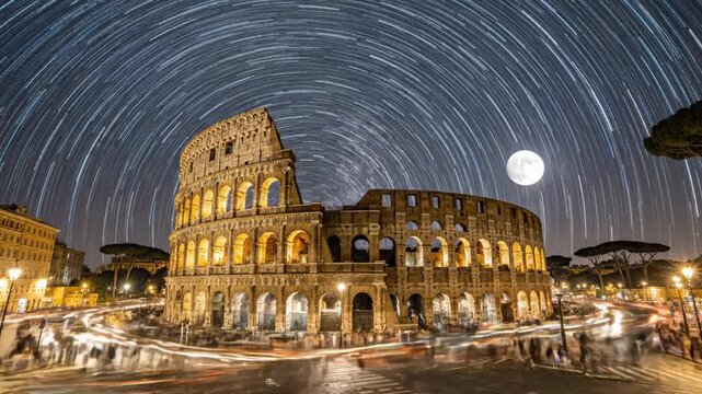 Night time lapse of the Colosseum in Rome showing movements and stars in the sky