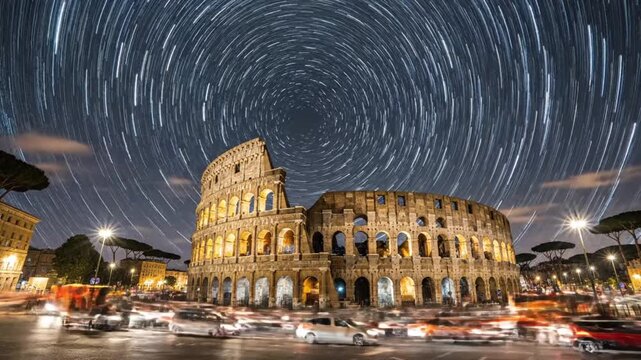 Night time lapse view of the Colosseum in Rome showing stars and moving lights