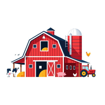 Vibrant Red Barn with Farm Animals and Tractor, Rural Countryside Scene Illustration