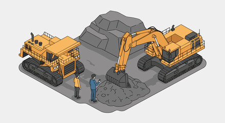 Heavy Construction Machinery and Workers at a Mining Site. © Re