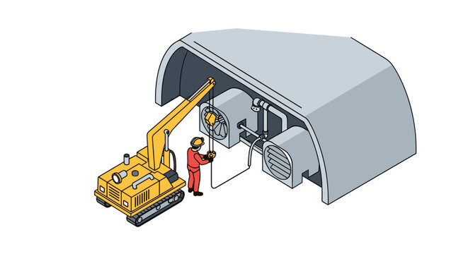 Construction worker operating heavy machinery inside industrial building.