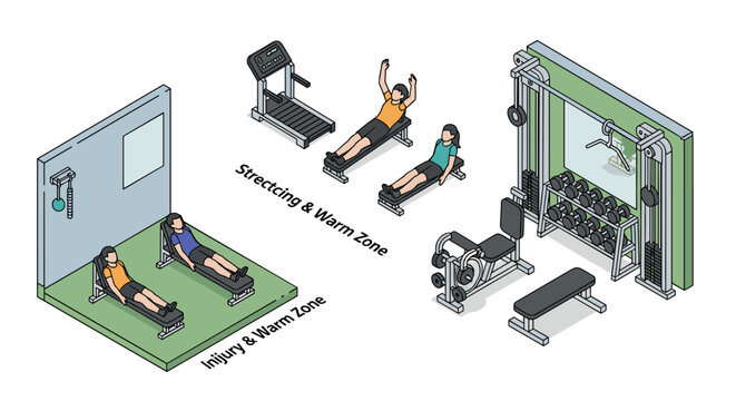 Gym equipment and workout zones illustration isometric view.
