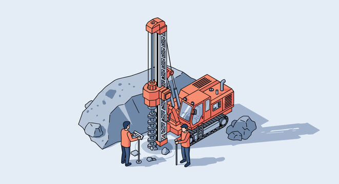 Industrial Drilling Rig Operating on Rocky Terrain with Workers.