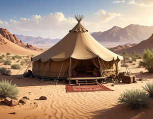 Naklejka premium Desert tent in sunny landscape
