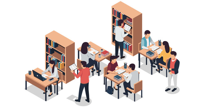 Students studying and collaborating in a modern library setting.