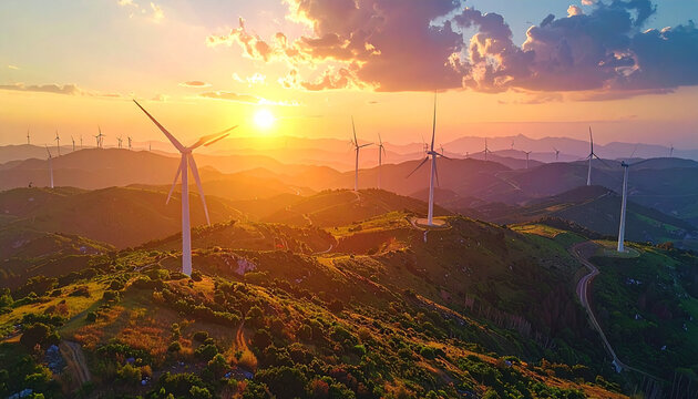 Windturbines bij zonsondergang op de berg