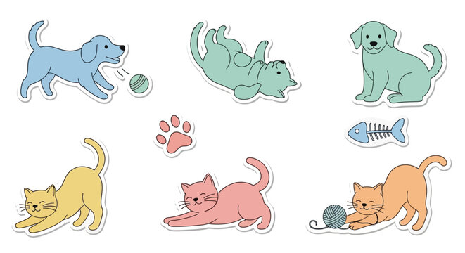 Colorful cartoon pets playing together happily.