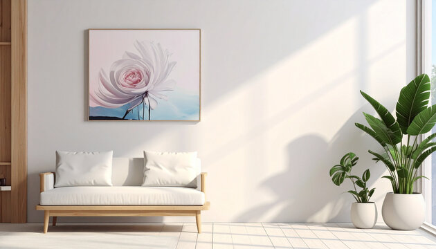 Modern interieur met planten en kunstwerken