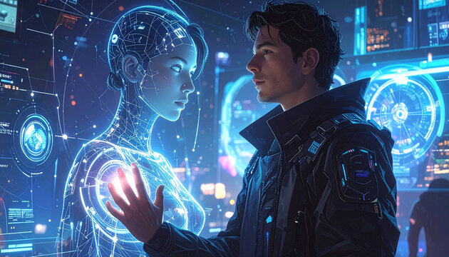 Mens die interactie heeft met een holografische interface