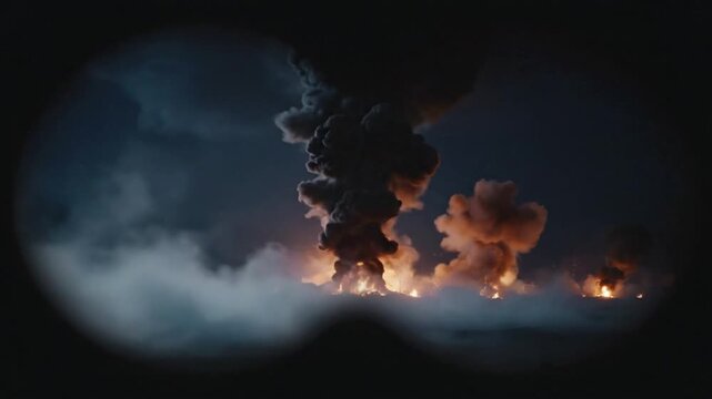 View through binoculars shows black smoke rising from VSRExport site after an event occurs