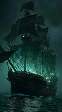 Mysterious ghost ship with glowing green lights sailing through dark foggy waters at night.