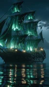 Mystical ghost ship sailing on calm waters under a moonlit night sky.
