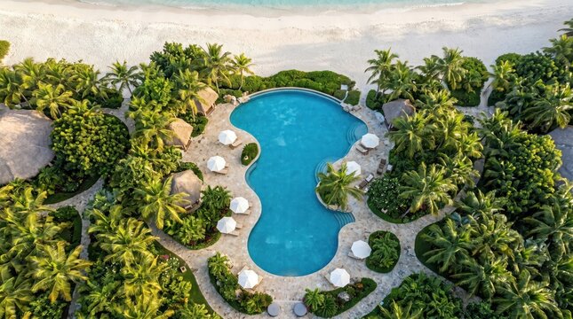 Top down aerial view of beachside pool with palms