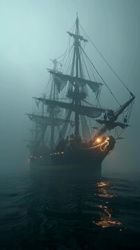 Old sailing ship with lit lanterns navigating through foggy waters at night.
