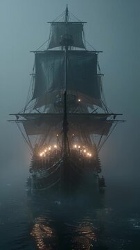 Mysterious old sailing ship with lit lanterns navigating through dense fog at night.