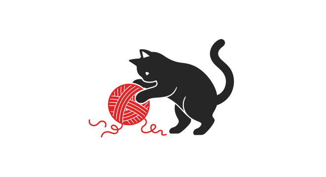 Black cat playing with yarn ball.