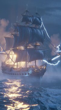 Mystical old sailing ship illuminated at night with lightning in the background.